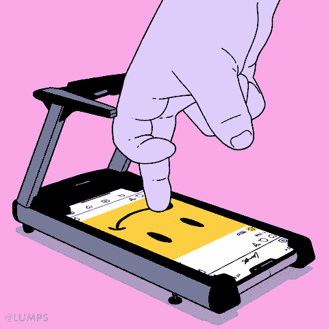 doigts scrollant sur un tapis de course transformé en mobile